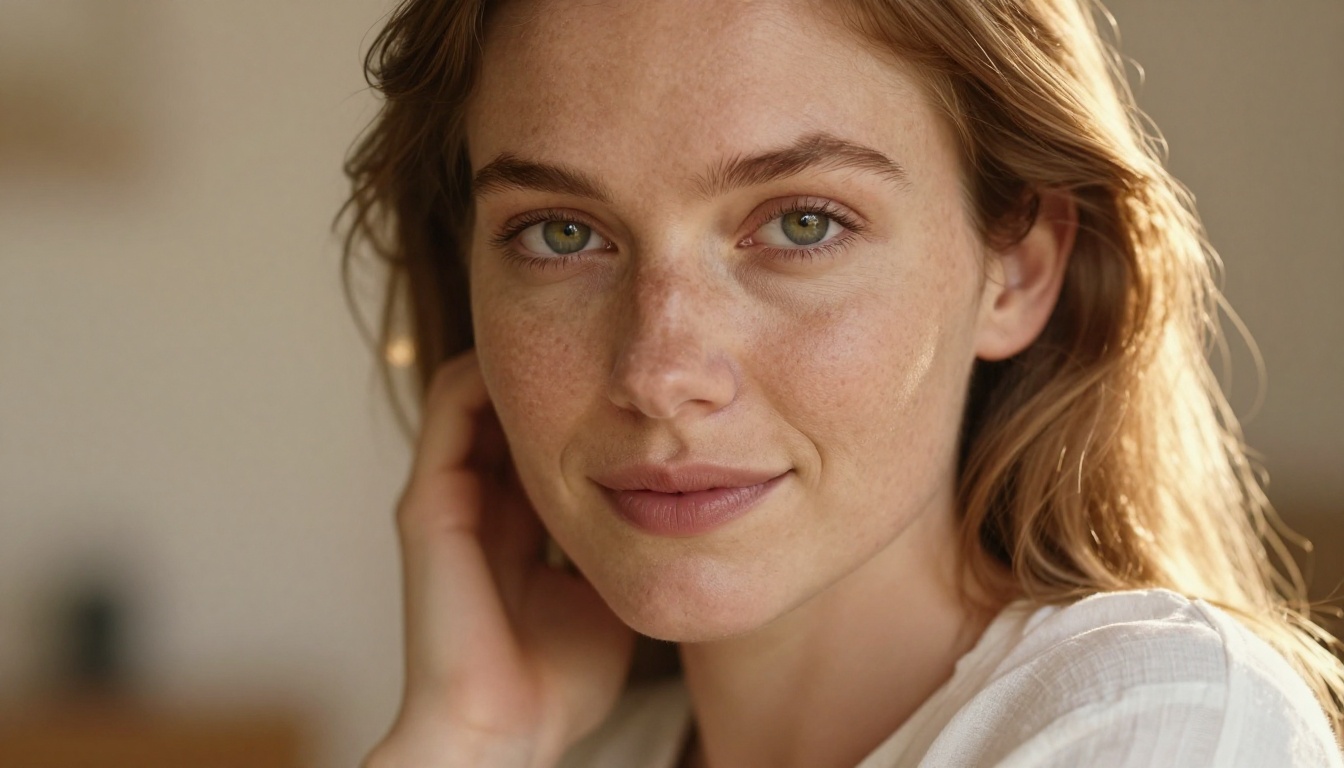 European woman with freckles, intimate close-up portrait radiating warmth