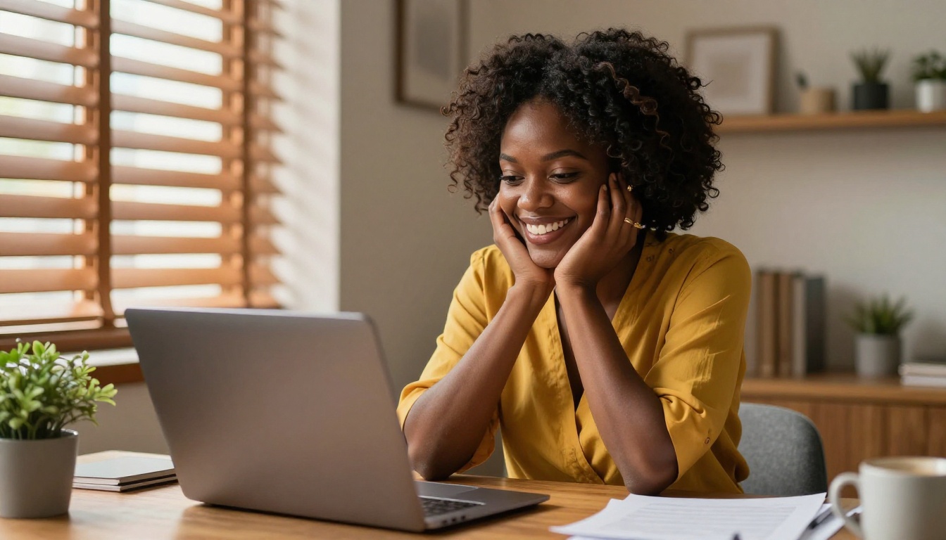 African woman beaming with joy at laptop screen in warm home office