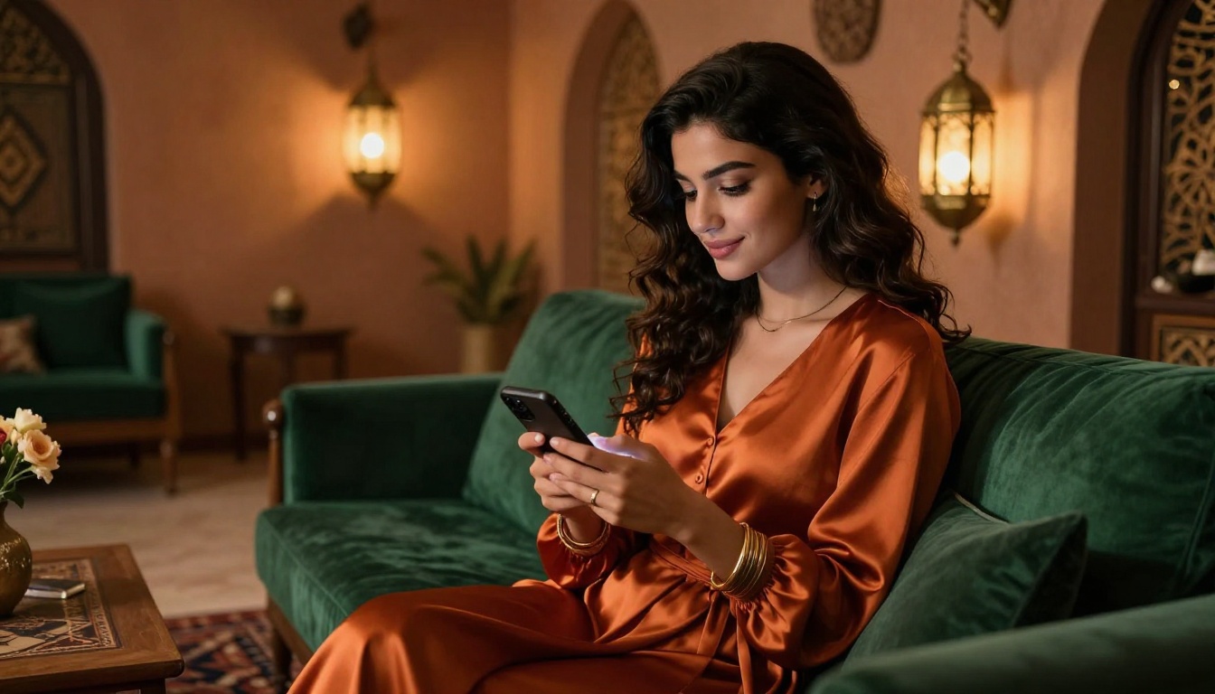 Middle Eastern woman smiling warmly at phone in richly decorated cozy room