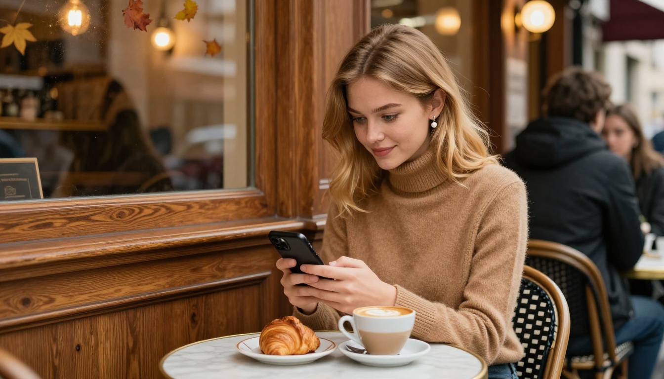 Honey-blonde woman in Parisian cafe, private moment with phone and coffee