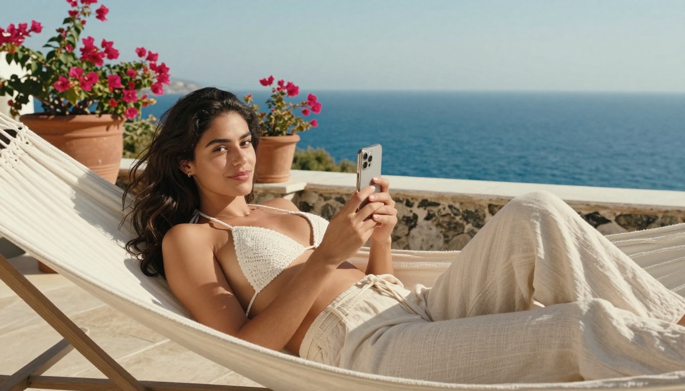 Woman on Mediterranean terrace with ocean view, relaxed and confident