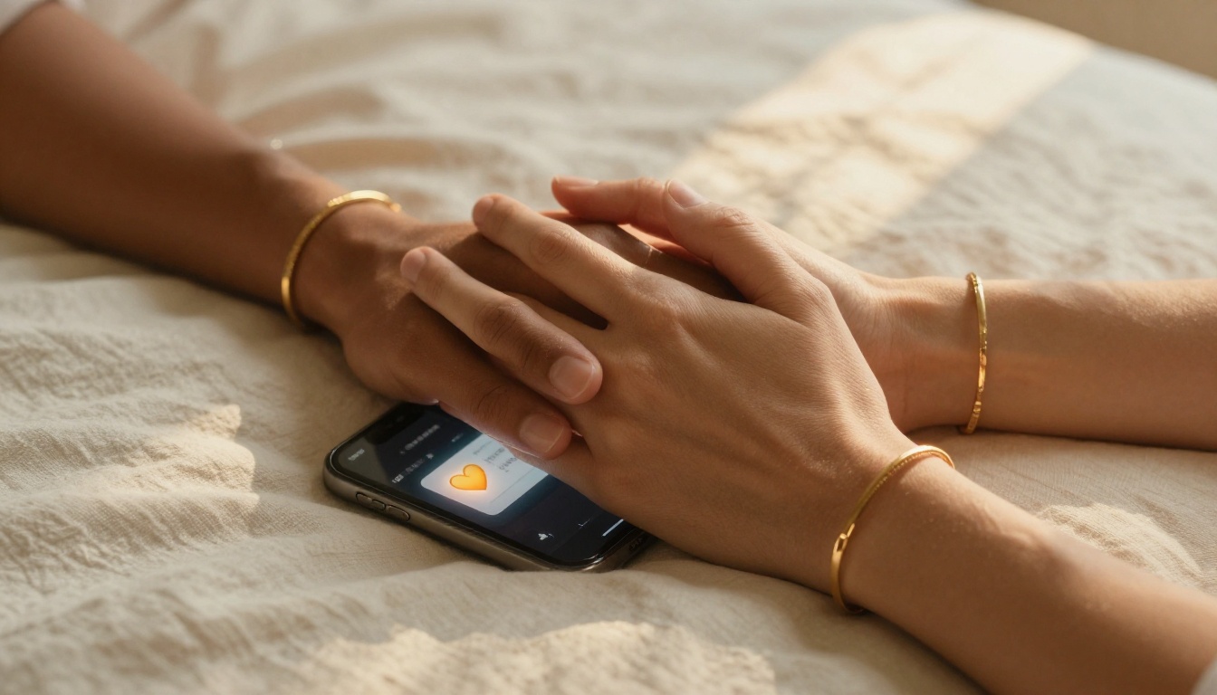 Two hands intertwined with glowing phone screen between them, warmth and connection
