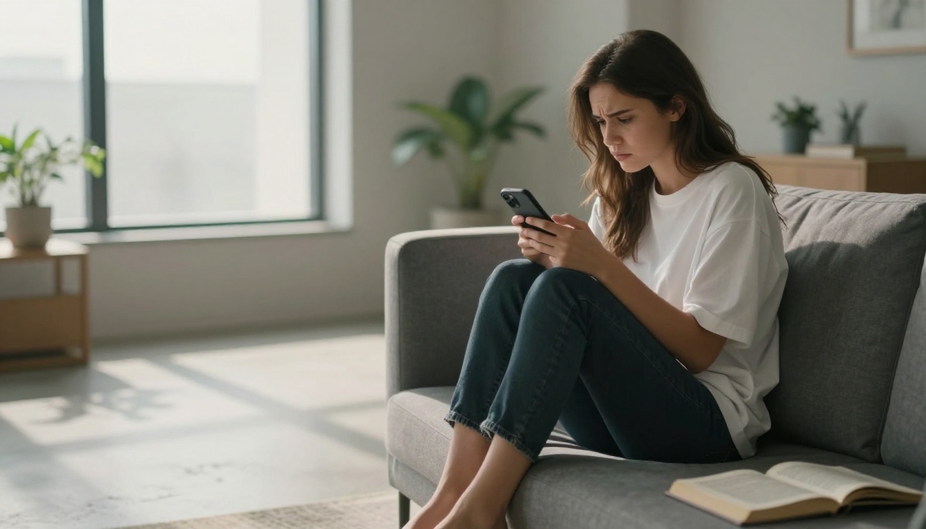 Woman swiping through dating app with frustrated expression on modern couch, natural daylight streaming in