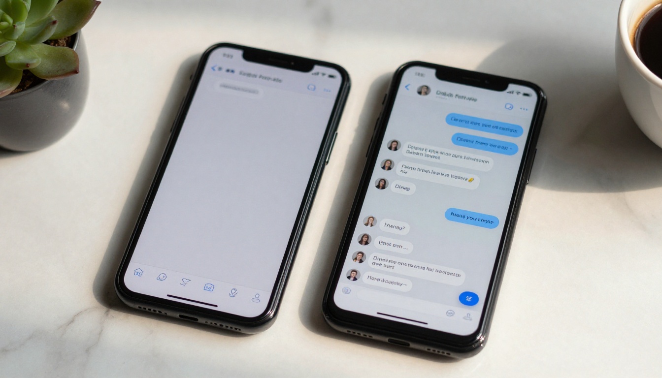 Two smartphones side by side on marble surface, one with dead unanswered chat, one with active lively conversation