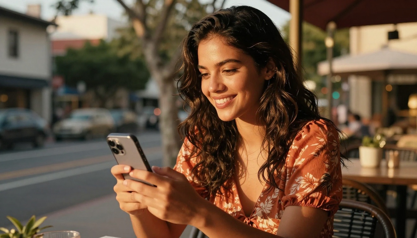 Radiant Latina woman smiling warmly at phone on sunlit terrace cafe, golden hour amber light