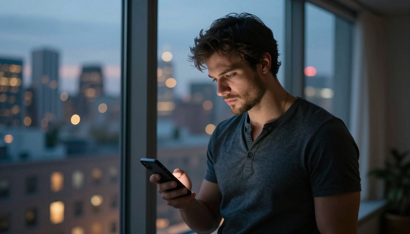 Handsome man standing by apartment window at dusk looking at phone with pensive resigned expression