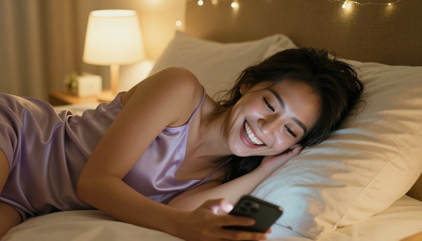 Beautiful Asian woman laughing with genuine joy at phone, lying on cozy bed with warm bedside lamp glow