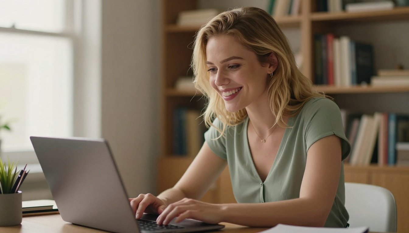 European woman with strawberry-blonde hair smiling warmly at laptop video call in cozy home office, warm afternoon light