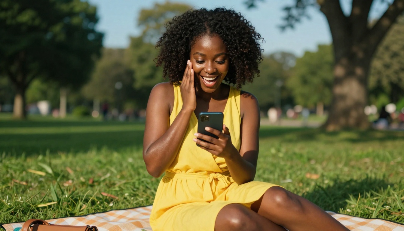 Stunning African woman with radiant smile in vibrant yellow dress joyfully surprised at phone in sunny park