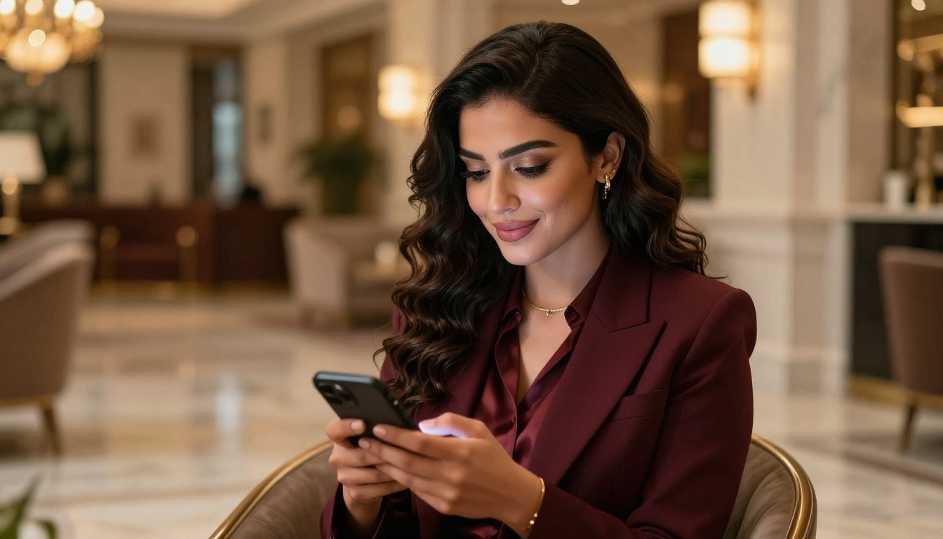 Elegant Middle Eastern woman in burgundy blazer holding phone with confident smile in luxurious hotel lobby