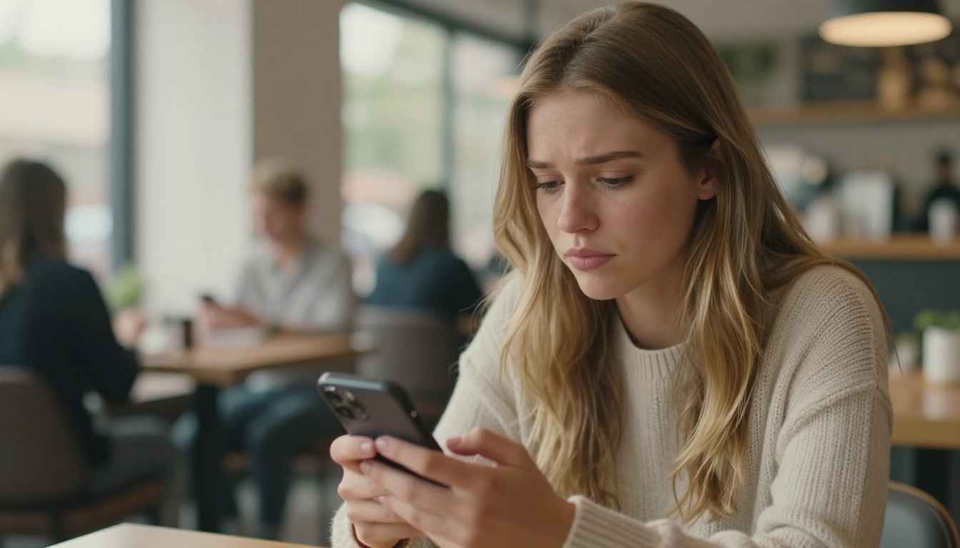 Woman looking at phone with quiet disappointment in a modern cafe, soft natural window light, photorealistic 8K