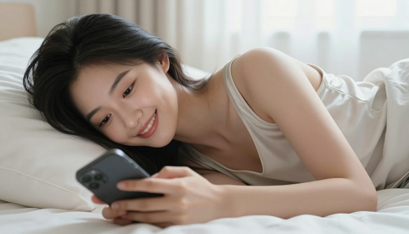 Stunning Asian woman lying on white linen bedding smiling warmly at phone screen, soft morning light, photorealistic 8K