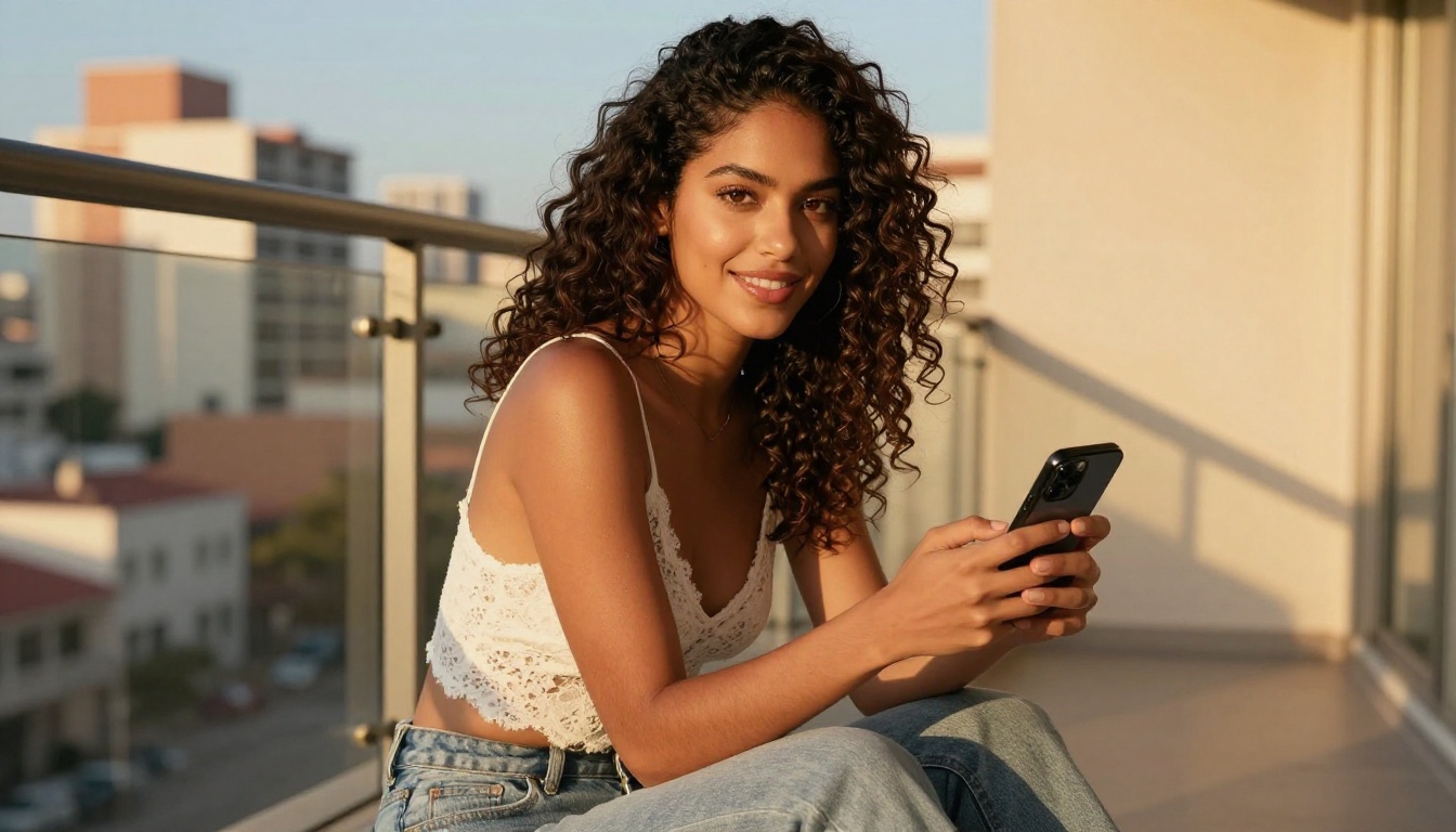 Confident Latina woman on sunny balcony smiling directly at camera, city skyline softly blurred behind her, photorealistic 8K