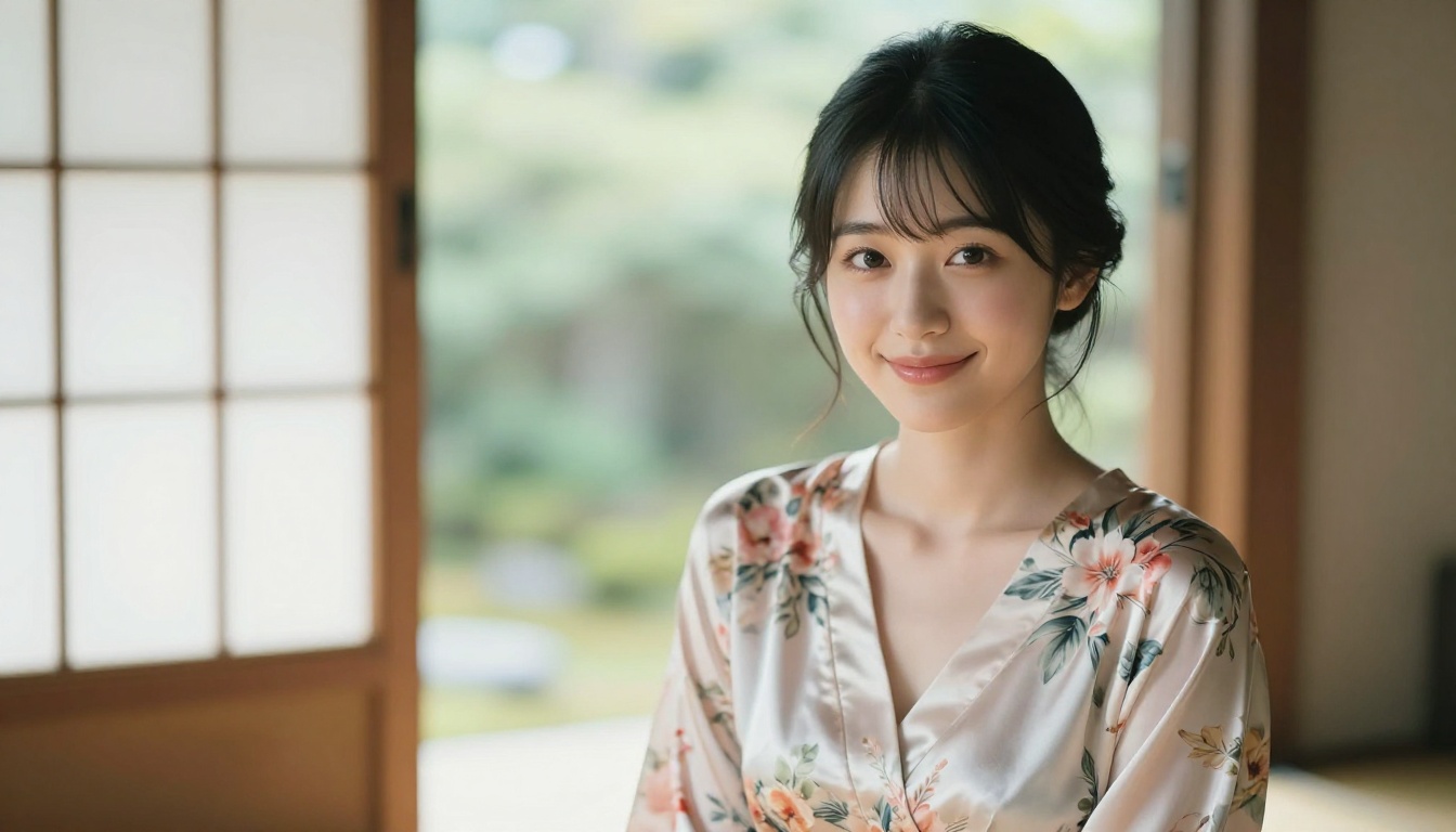 Japanese woman in floral satin dress beside shoji screen window, soft diffused natural light, photorealistic 8K