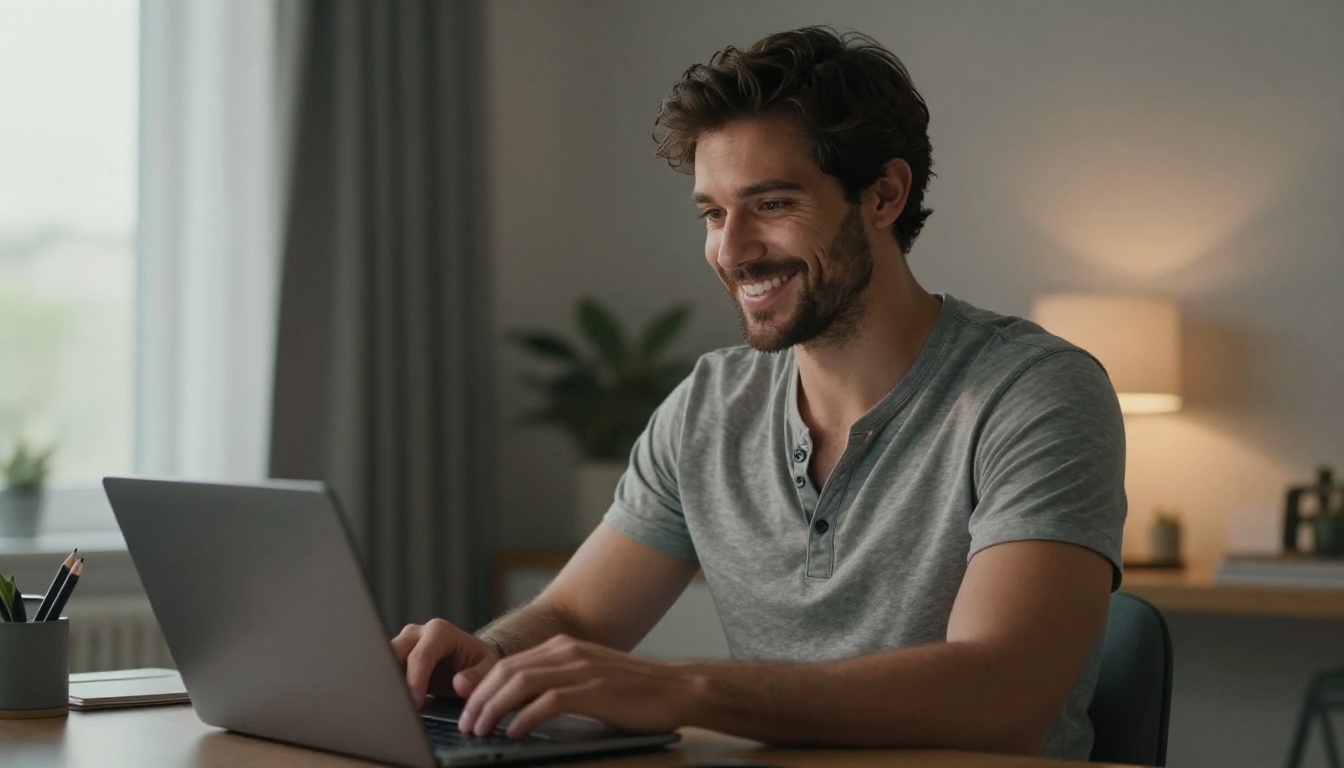 Handsome man smiling genuinely at laptop in warm home office, natural window side lighting, photorealistic 8K
