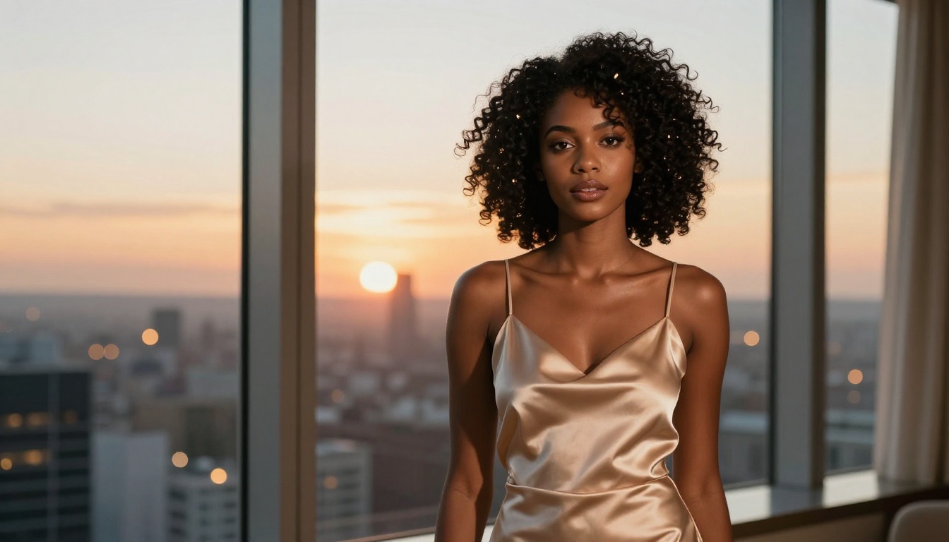 Breathtaking African woman at penthouse window at golden hour, warm rim light backlighting, photorealistic 8K