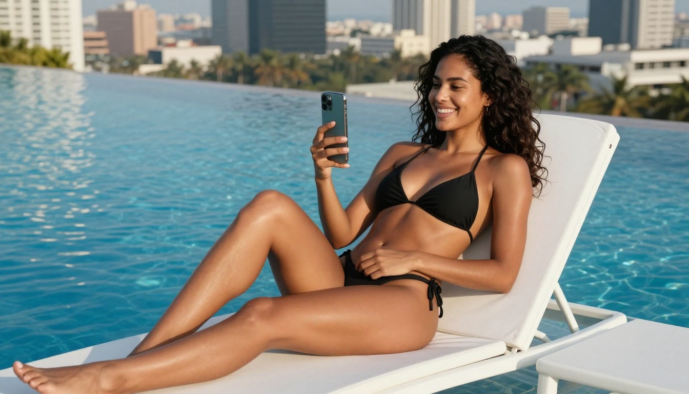 Mixed-heritage woman in black bikini at rooftop infinity pool smiling at phone, aerial angle, crystal water background, photorealistic 8K