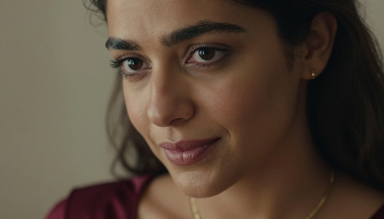 Close-up portrait of beautiful Middle Eastern woman with deep dark eyes and gold jewelry, intimate direct gaze, photorealistic 8K