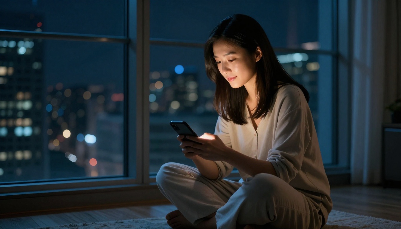Asian woman deeply engaged in a late-night conversation on her phone