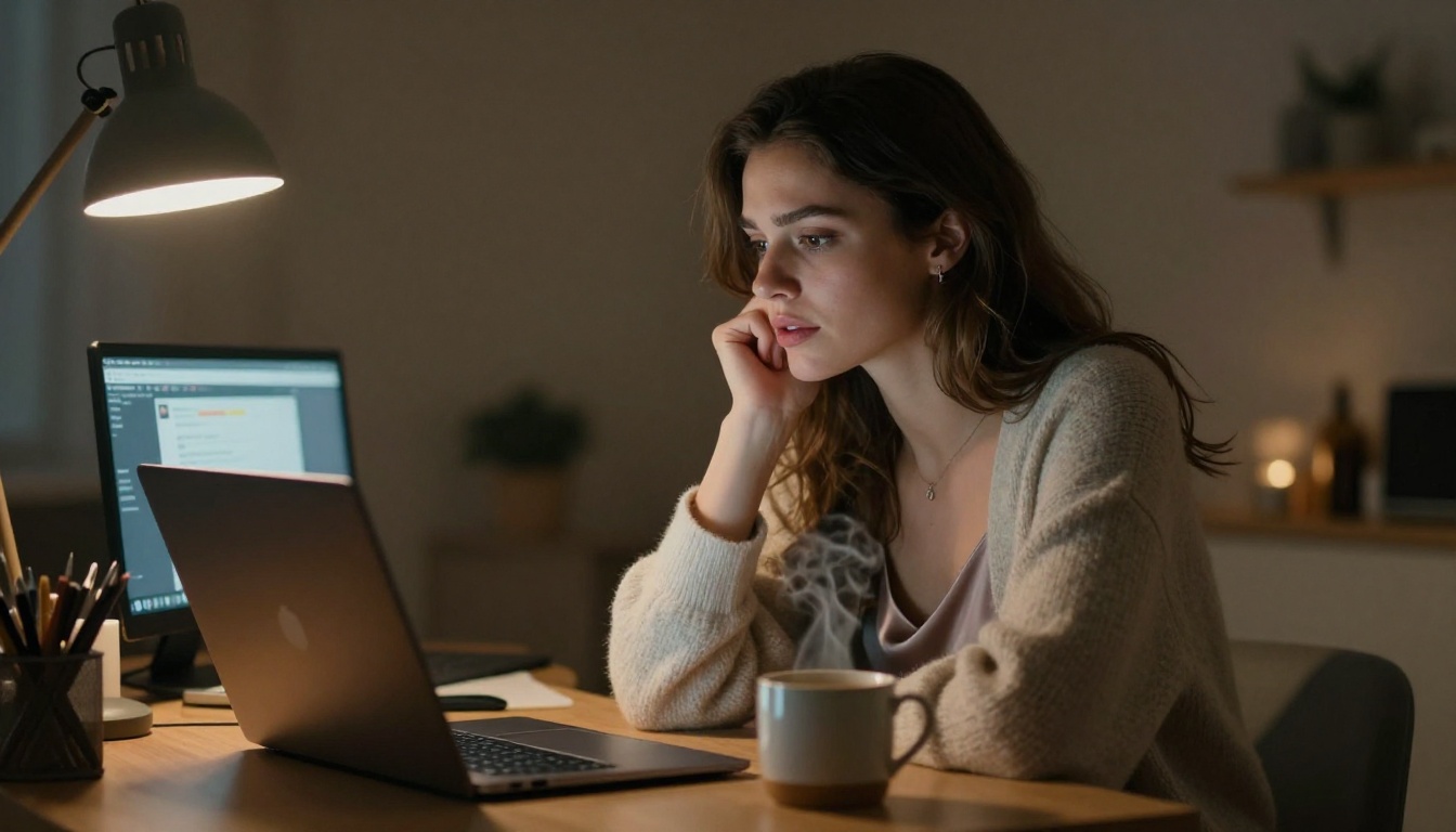 Stunning woman at home desk experiencing a moment of genuine discovery through conversation