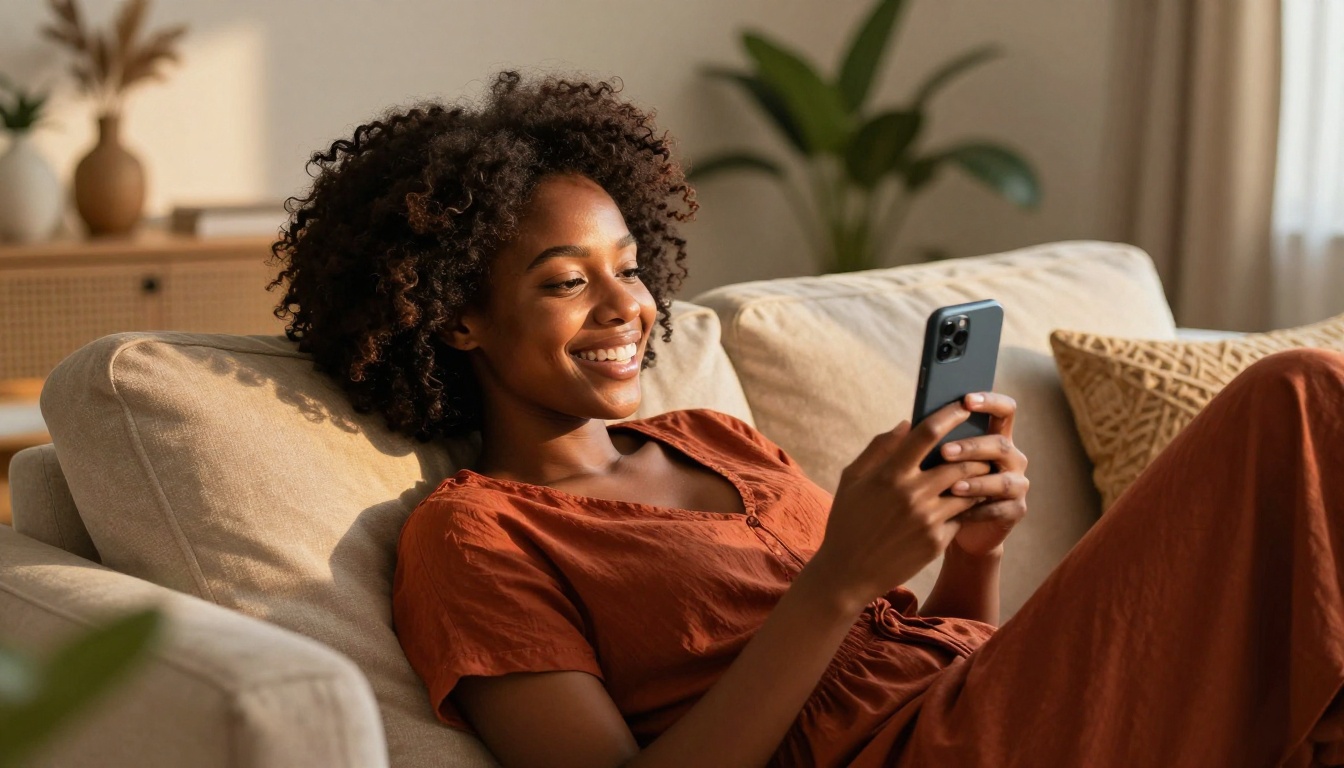 Beautiful woman smiling warmly while chatting on her phone in a cozy living room