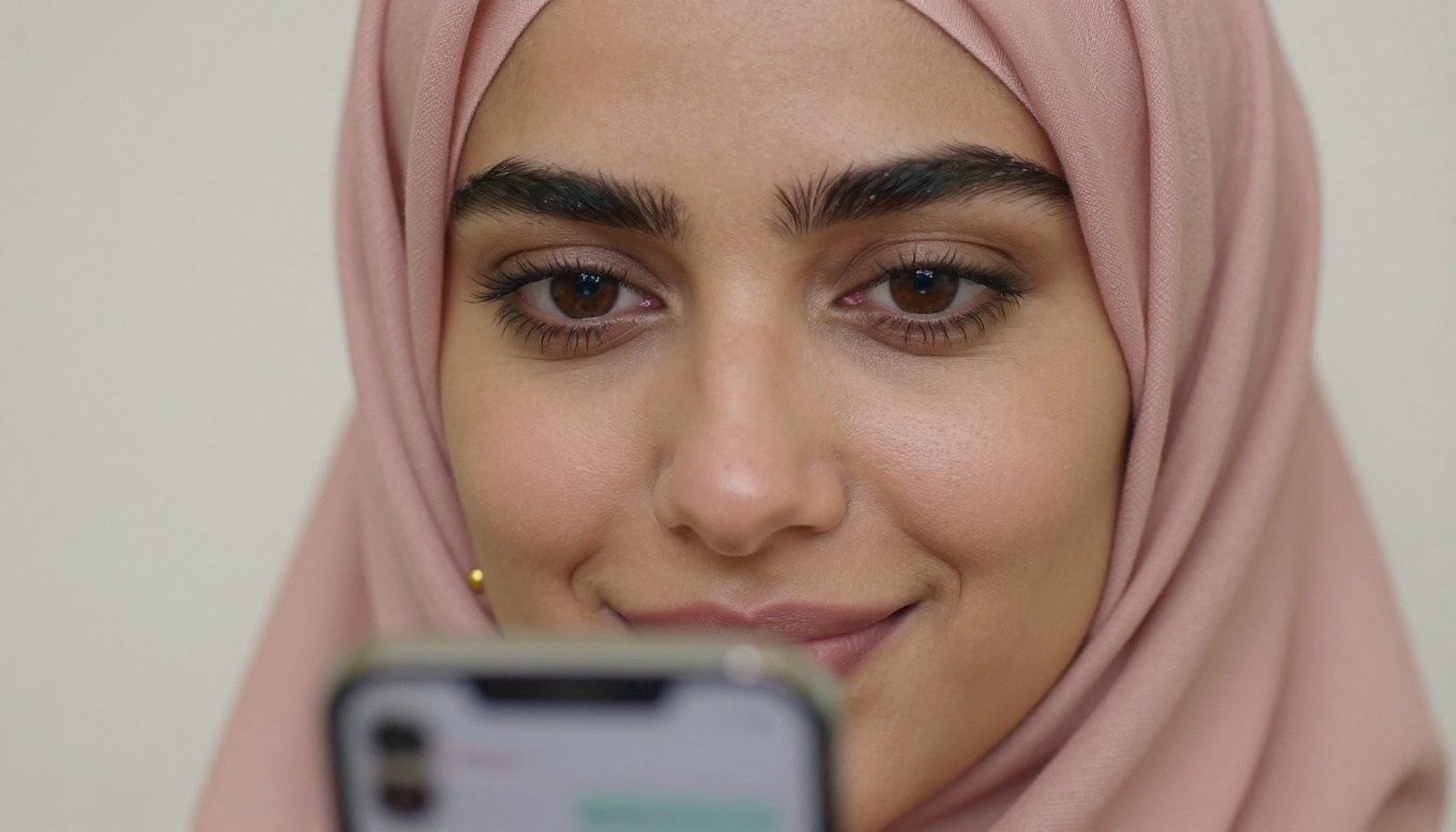 Woman with blush pink hijab smiling at a meaningful conversation on her phone