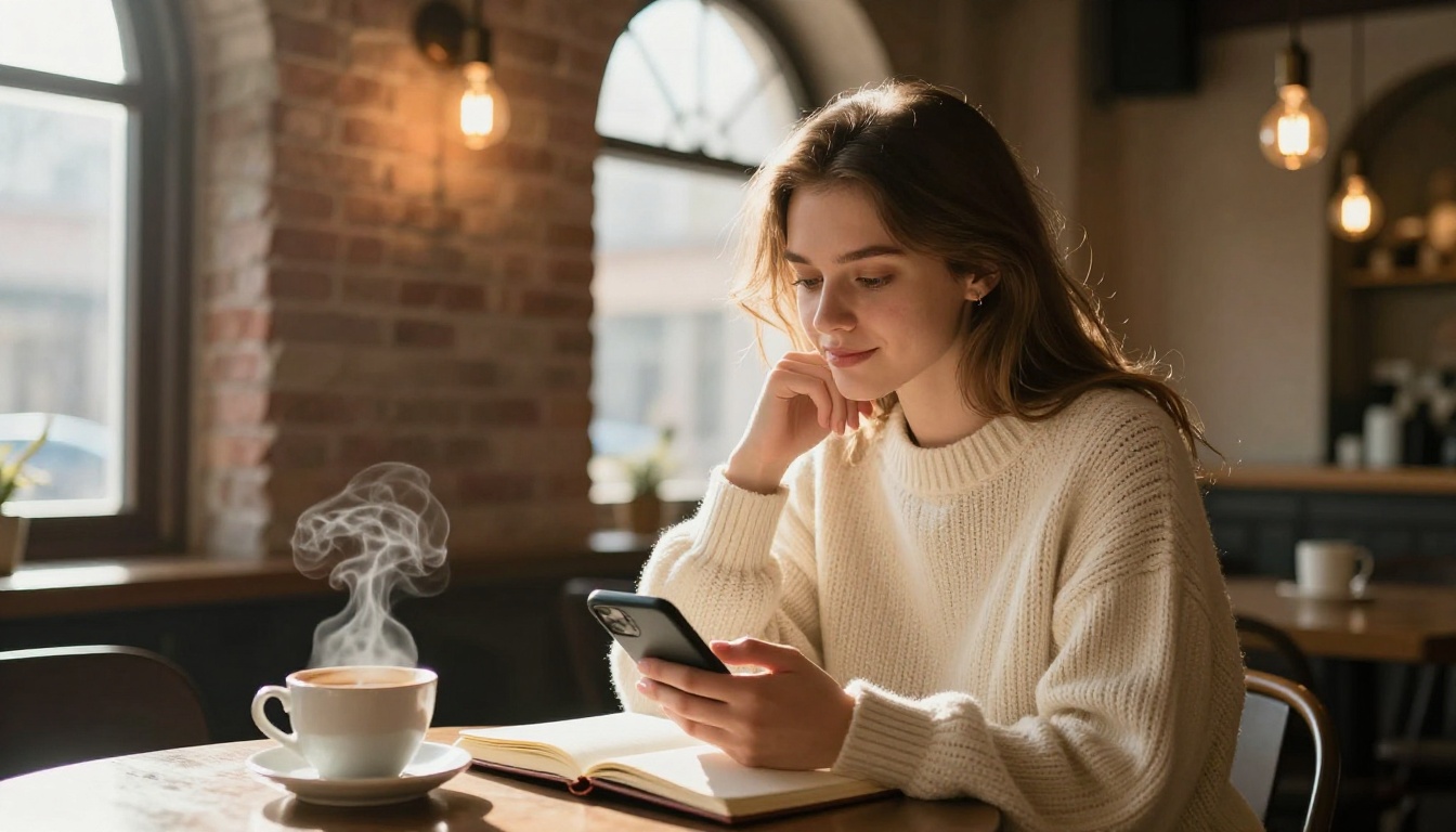 Woman journaling in a cozy vintage café, expression thoughtful and content