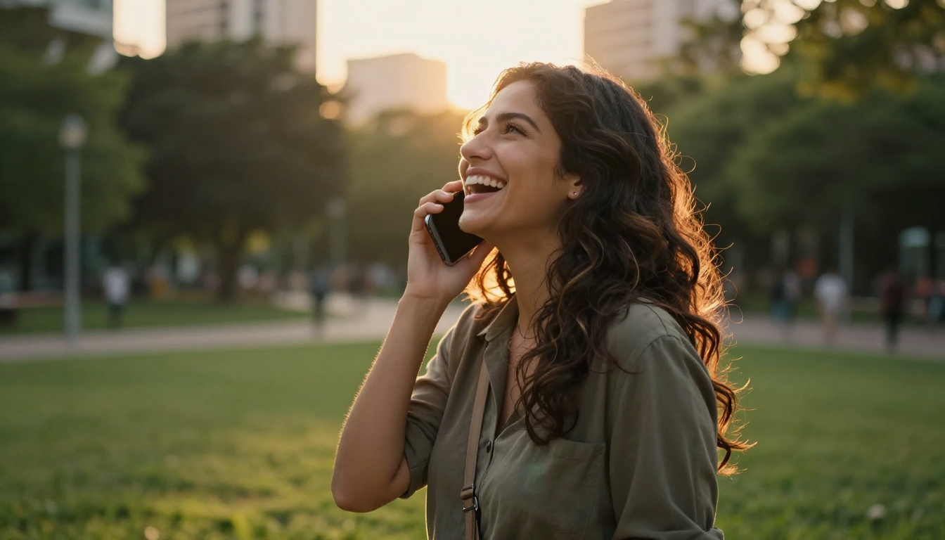Latina woman laughing with pure joy in a sun-drenched city park