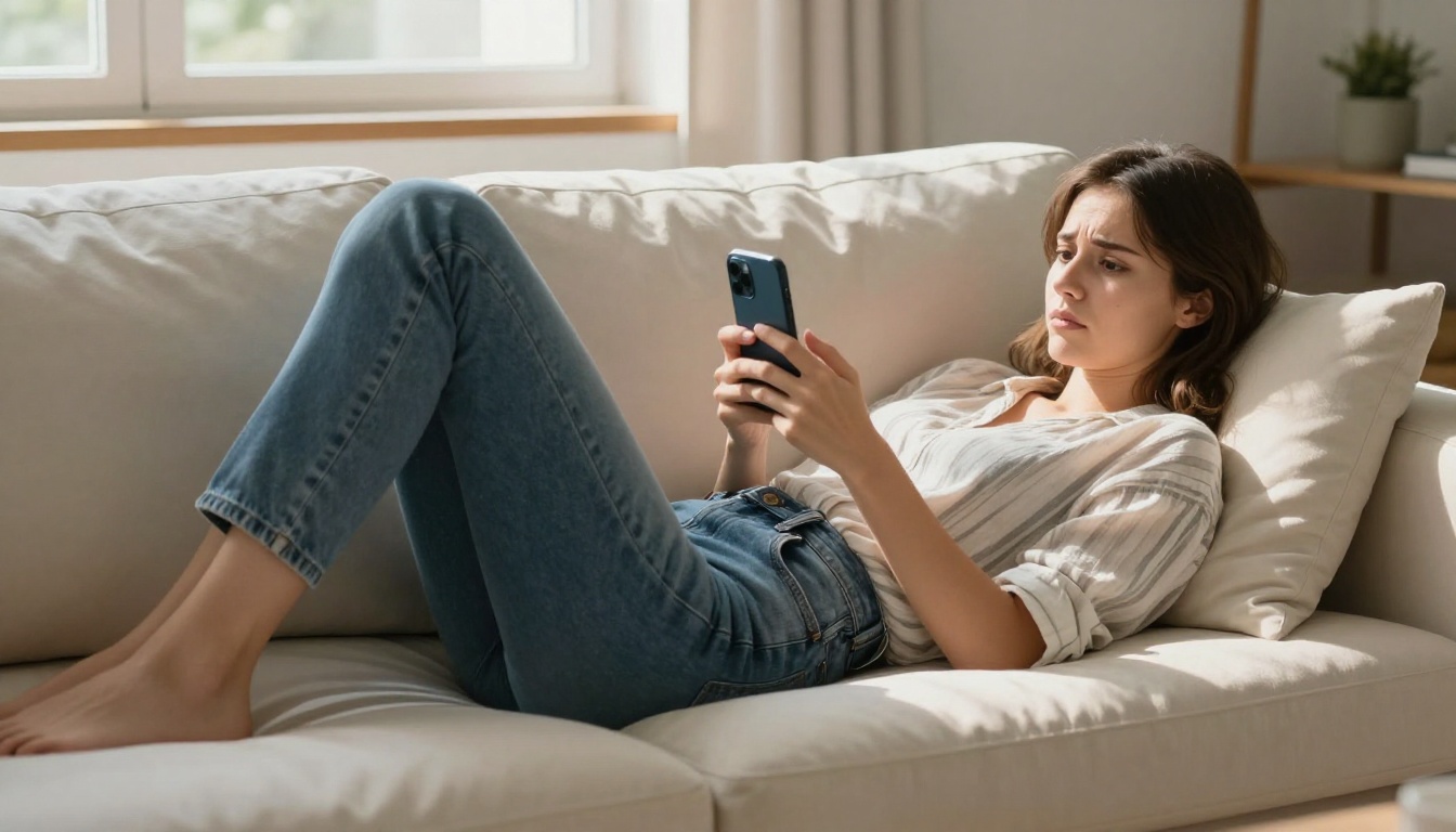 Woman swiping on dating app at home