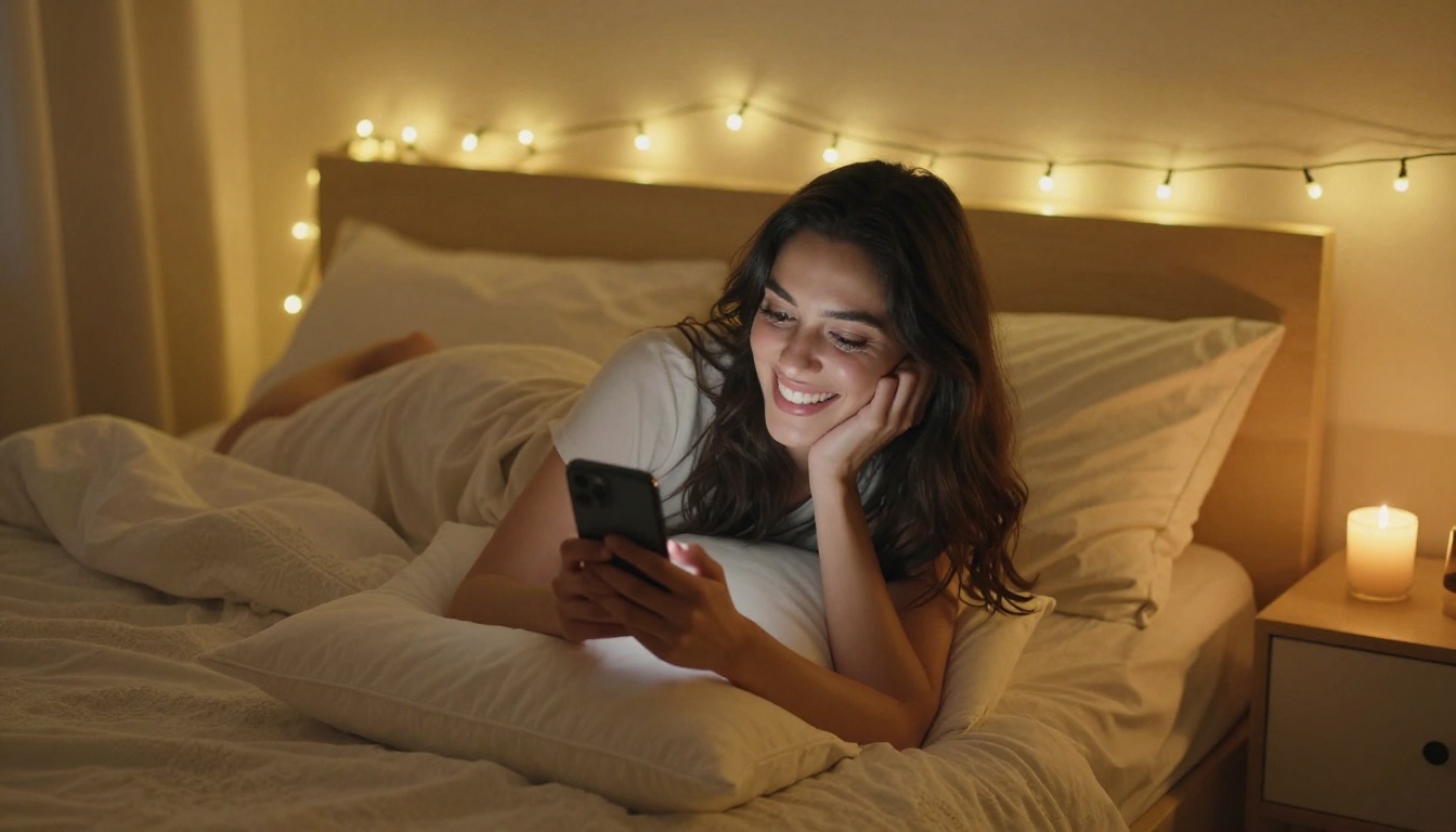 Woman smiling warmly at phone in cozy bedroom
