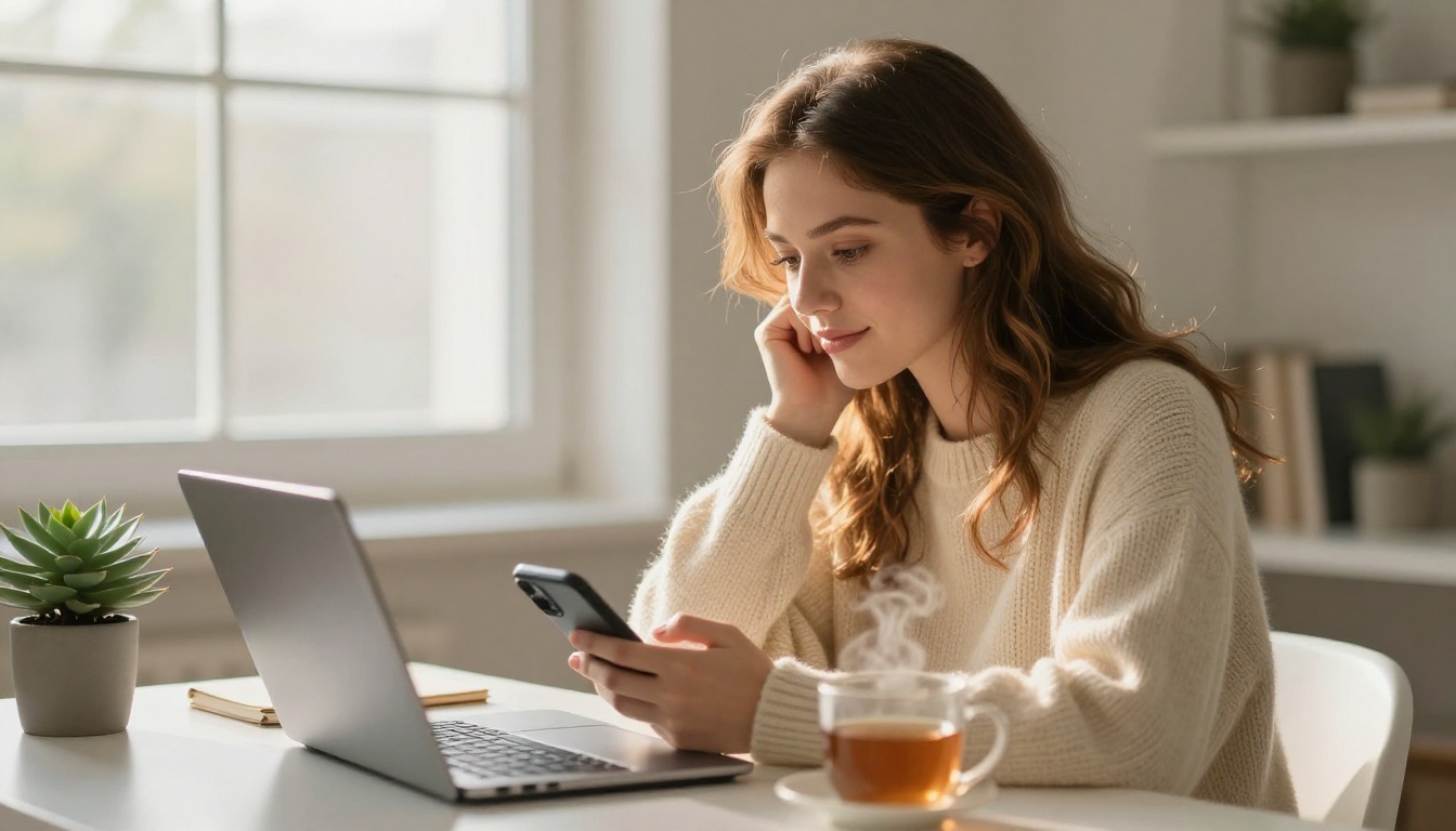 Woman typing on phone at home desk by window
