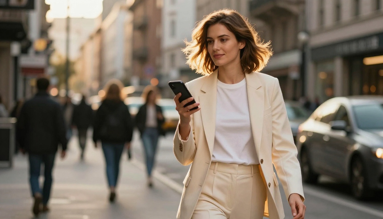Confident woman walking on city street at golden hour