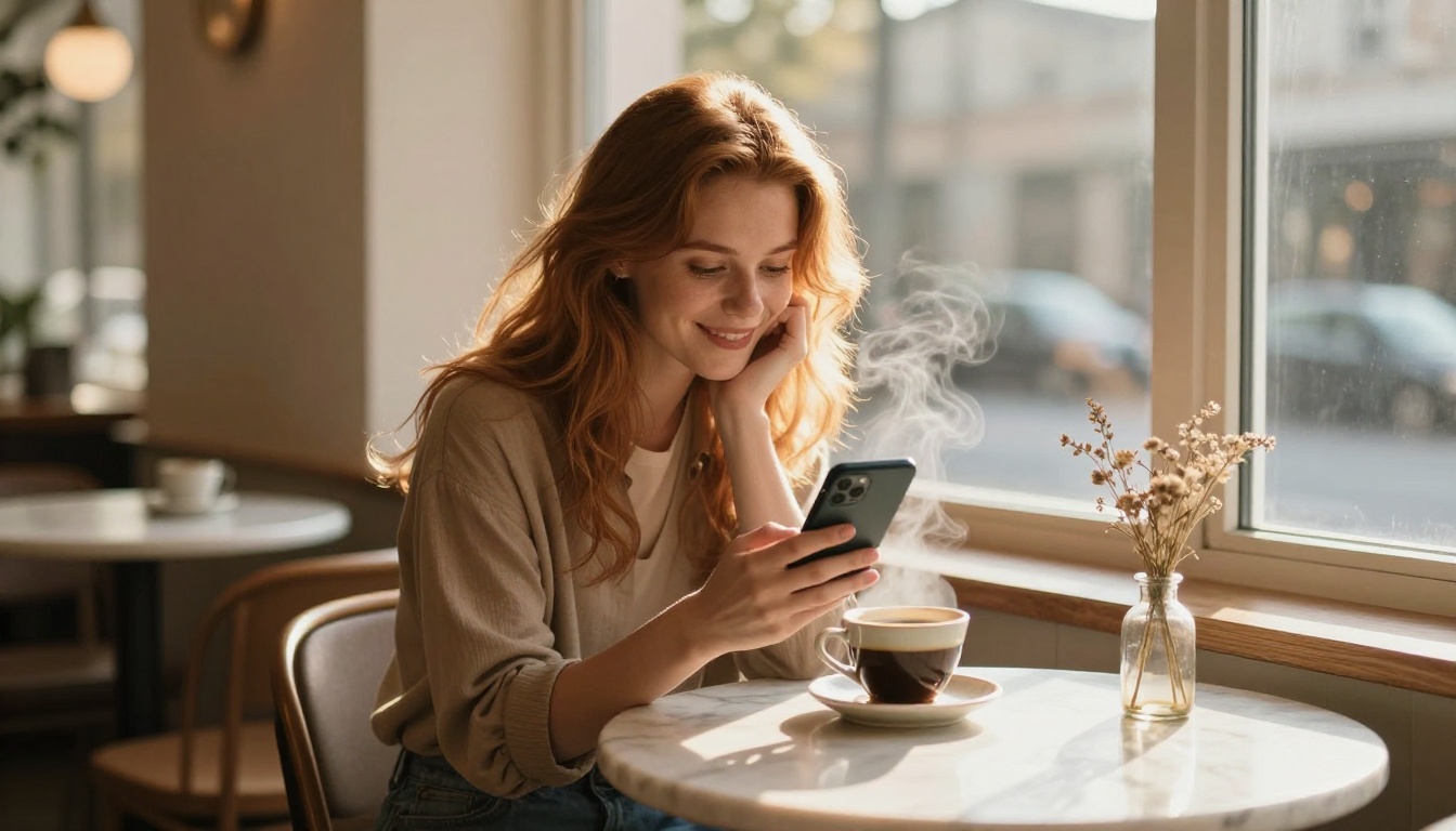 Woman reading phone at morning coffee shop