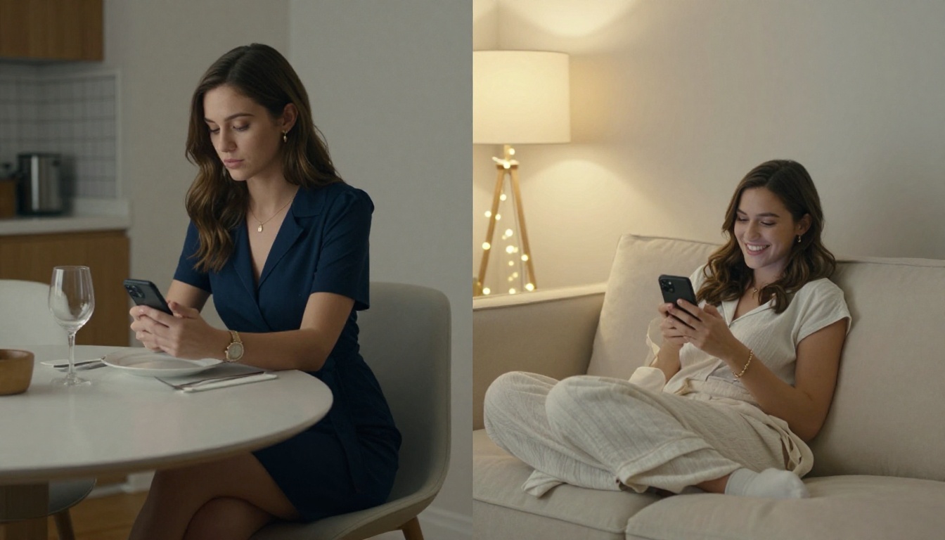 Split-mood scene: woman waiting alone vs woman relaxed at home