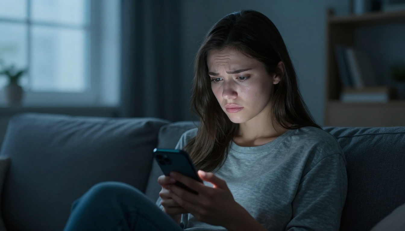 Dating app frustration - woman alone with phone