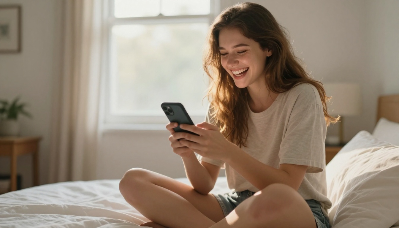 Woman laughing at her phone in a bright sunlit bedroom, completely at ease and joyful