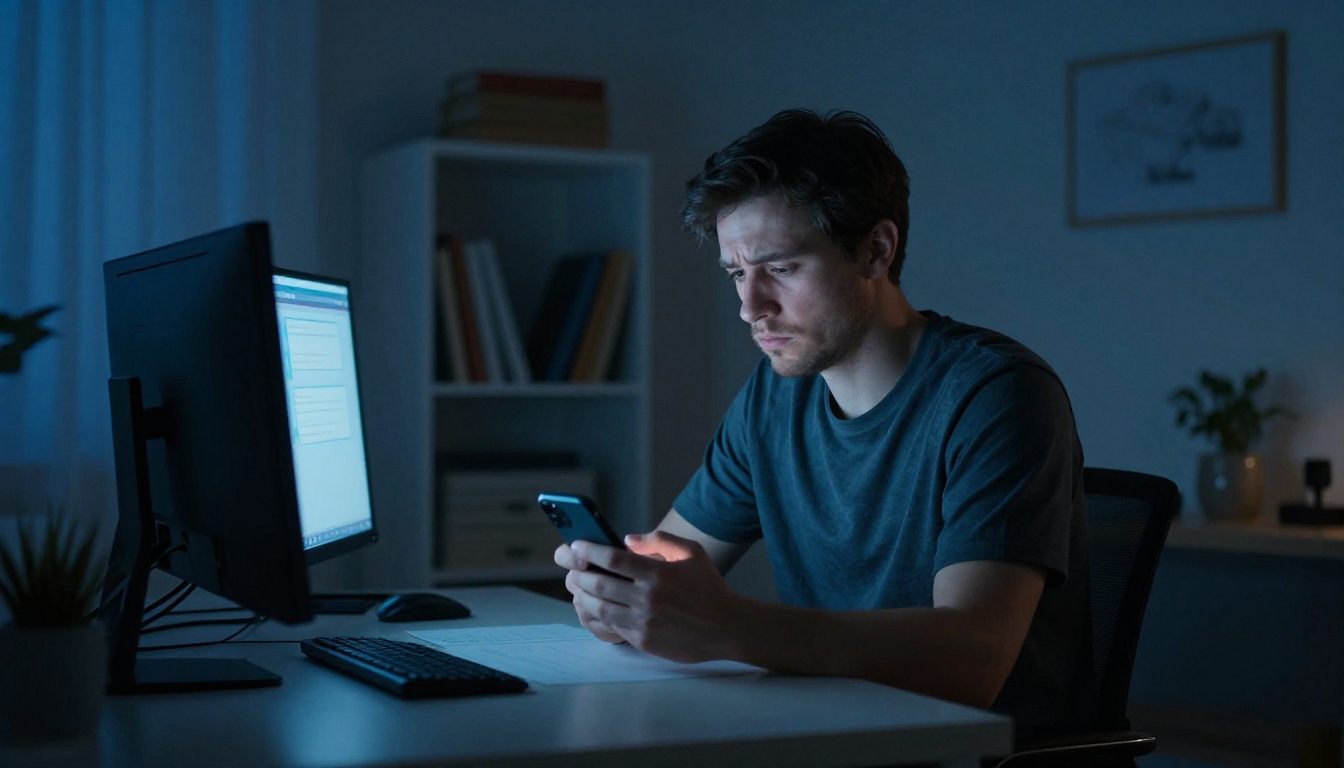 Man alone at desk after being ghosted