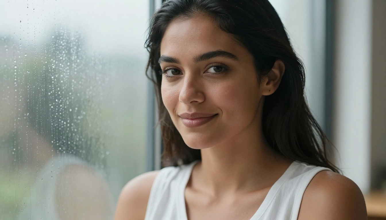 Close-up portrait of a Latina woman with warm expressive eyes looking directly into camera near a rain-dotted window