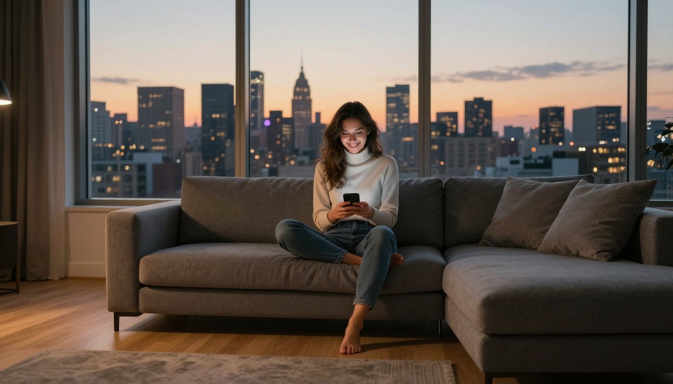Young woman sitting on a gray sectional sofa smiling at her phone, city skyline glowing at dusk through floor-to-ceiling windows