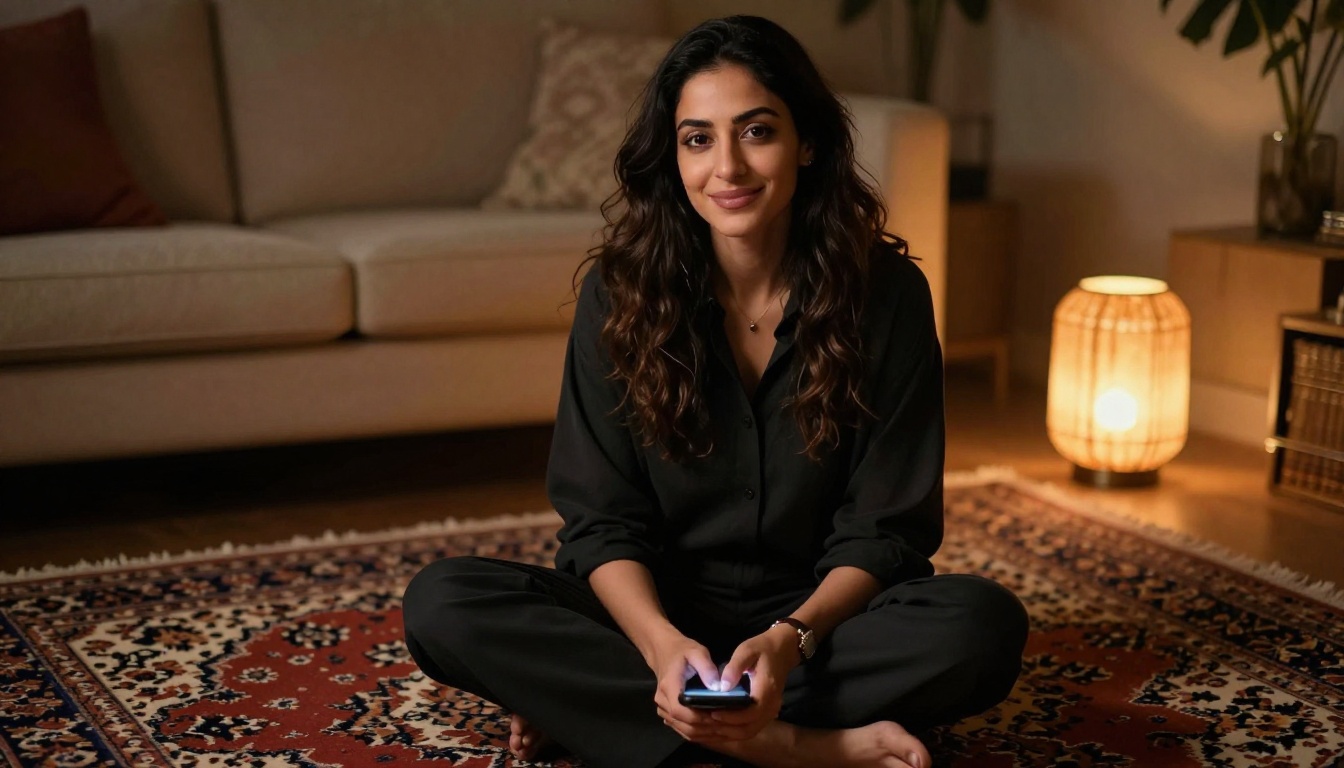 Middle Eastern woman with phone - warm and intimate