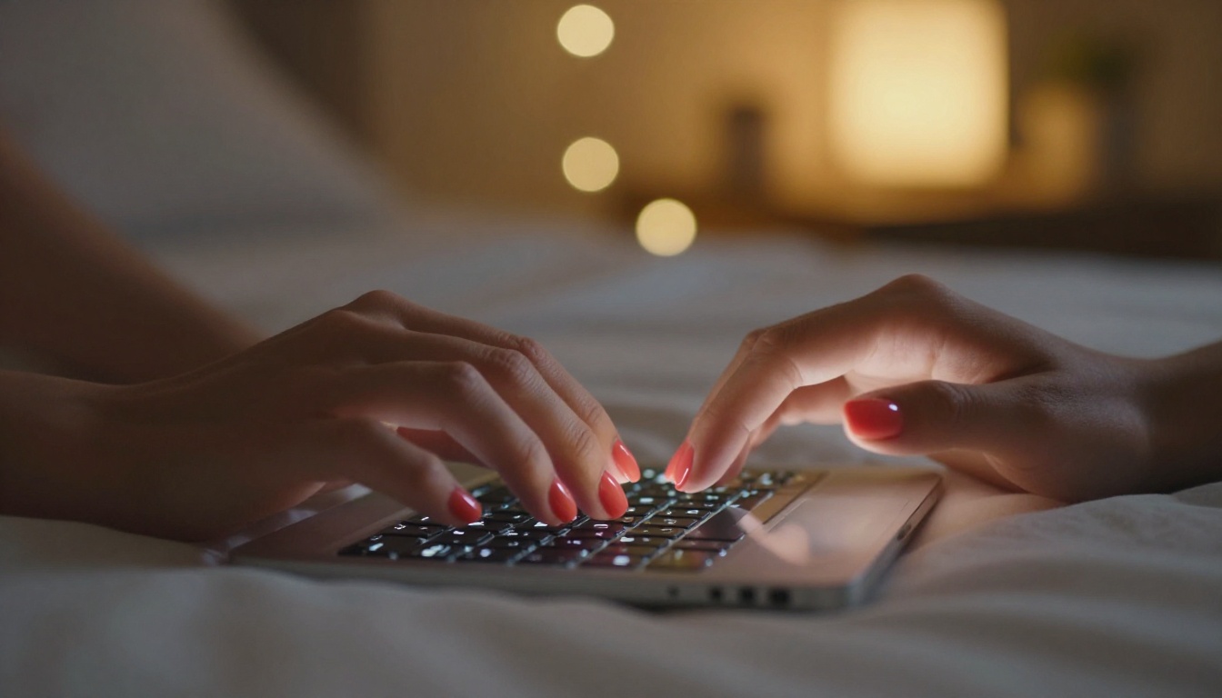 Woman's hands typing on a smartphone at night, warm amber lamp glow, soft fairy lights bokeh in the background