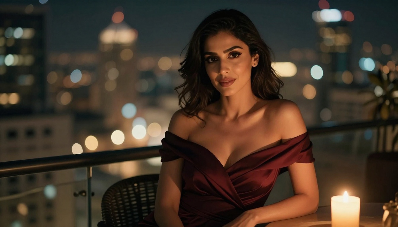 Middle Eastern woman on a hotel balcony at night, city lights bokeh behind her, warm candlelight illuminating her face