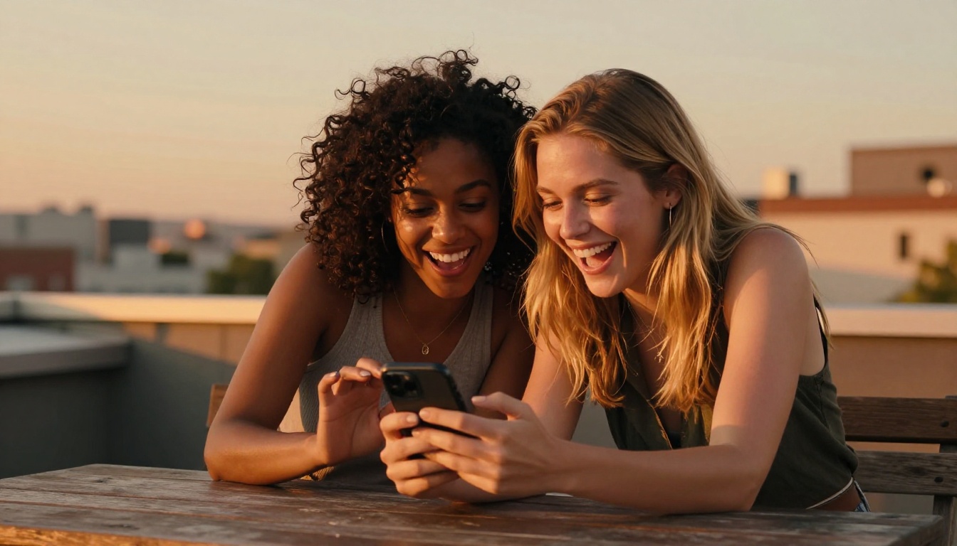 Two women sitting on a rooftop terrace at golden hour, sharing laughter over a phone screen, warm amber sunset light behind them