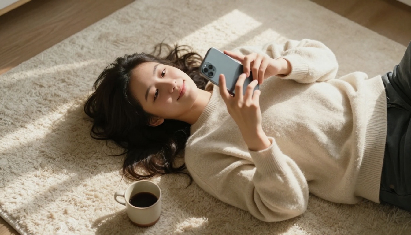 Aerial top-down view of a woman lying on a cream rug smiling at her phone, morning light casting soft shadows across the textured rug