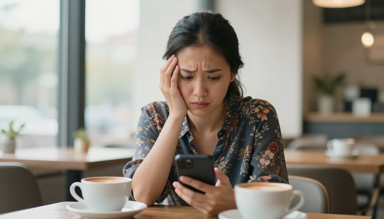 A woman looking frustrated at her dating app on her phone at a cafe