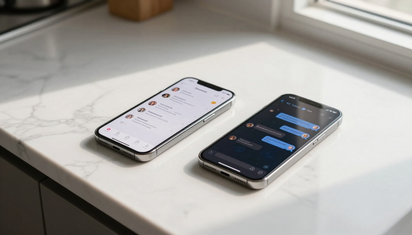 Two smartphones side by side on a marble counter, one with dating app, one with an active chat