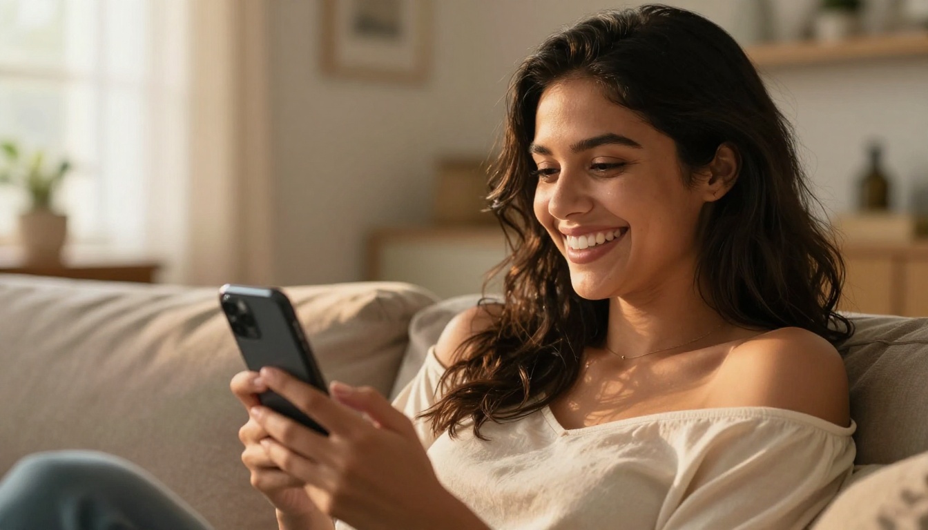 Latina woman laughing naturally at her phone while relaxing on a sofa
