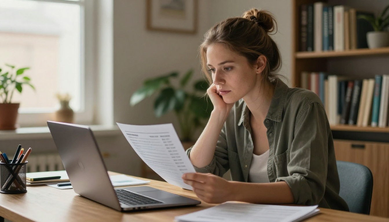 European woman thoughtfully reviewing subscription pricing at her home desk
