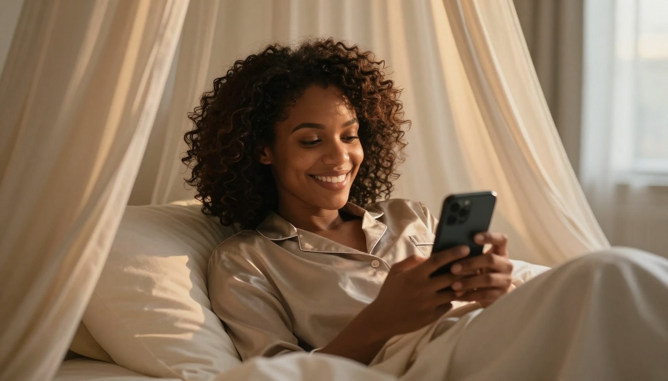 African-American woman smiling contentedly at her phone in warm morning light in bed