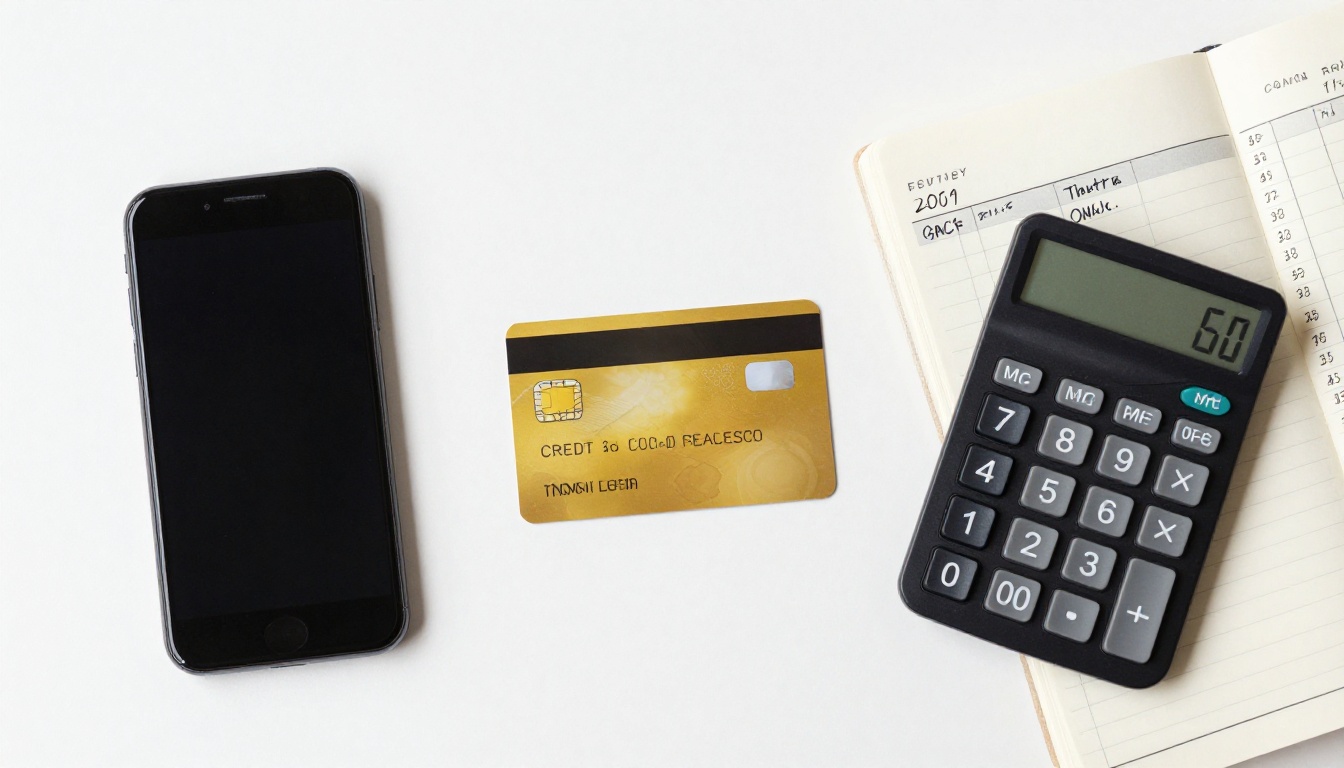 Overhead flat lay of a budget worksheet with phone, credit card, and calculator
